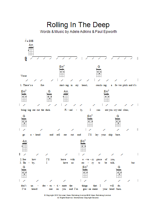 The Ukuleles Rolling In The Deep sheet music notes and chords arranged for Ukulele Chords/Lyrics