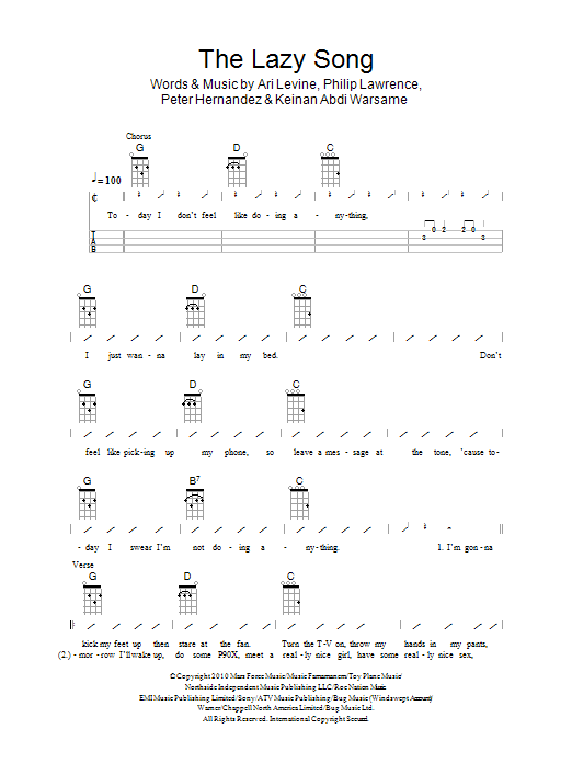 The Ukuleles The Lazy Song sheet music notes and chords arranged for Ukulele Chords/Lyrics