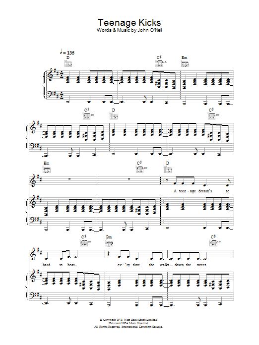 The Undertones Teenage Kicks sheet music notes and chords arranged for Piano Chords/Lyrics