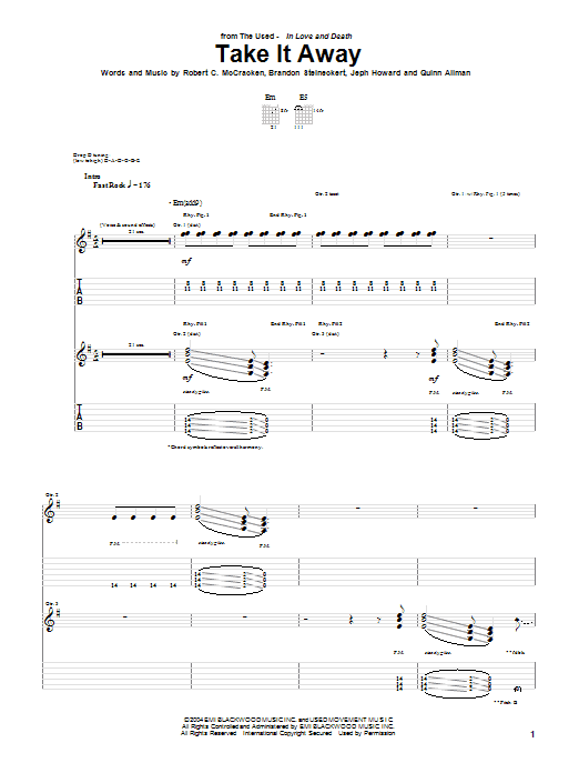 The Used Take It Away sheet music notes and chords arranged for Guitar Tab