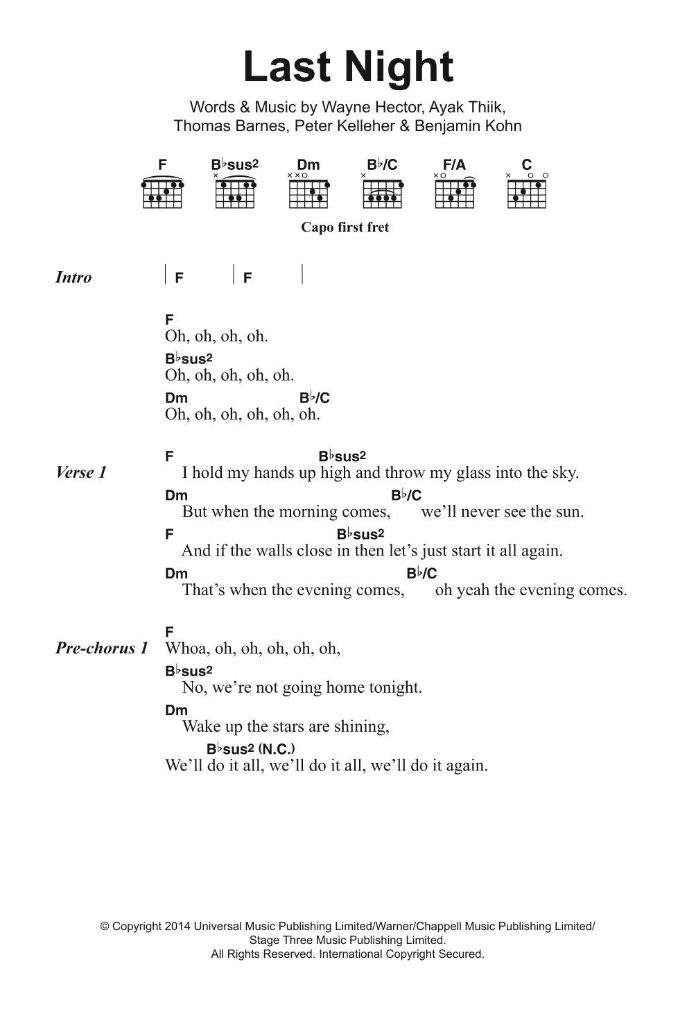 The Vamps Last Night (Do It All Again) sheet music notes and chords arranged for Guitar Chords/Lyrics