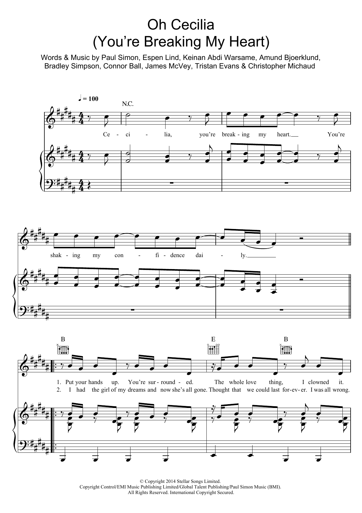The Vamps Oh Cecilia (Breaking My Heart) sheet music notes and chords arranged for Piano, Vocal & Guitar Chords