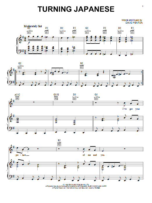 The Vapors Turning Japanese sheet music notes and chords arranged for Piano, Vocal & Guitar Chords (Right-Hand Melody)