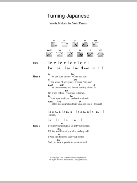 The Vapors Turning Japanese sheet music notes and chords arranged for Guitar Chords/Lyrics