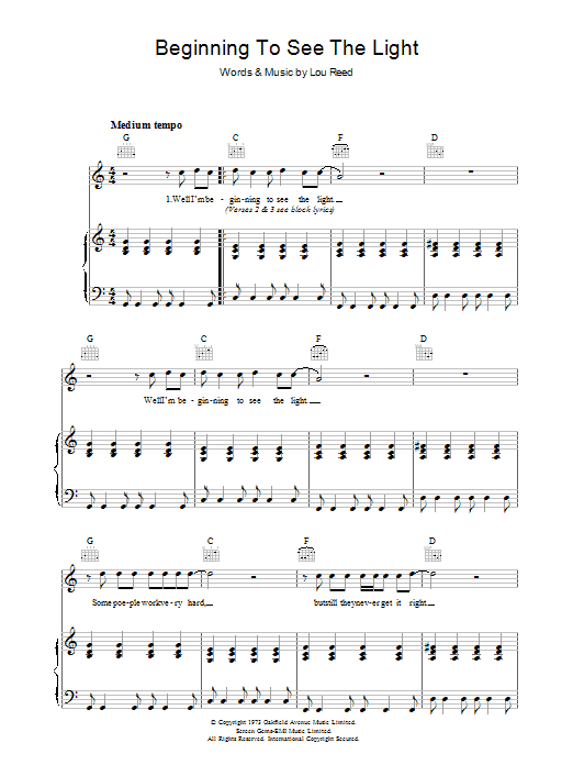 Lou Reed Beginning To See The Light sheet music notes and chords arranged for Piano, Vocal & Guitar Chords