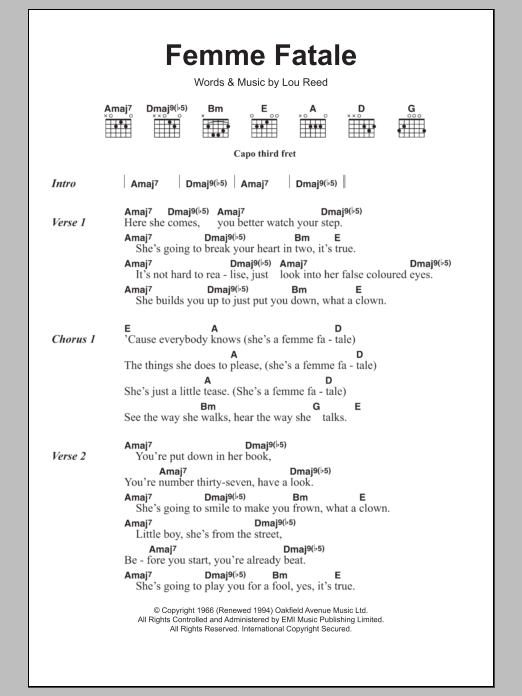 The Velvet Underground Femme Fatale sheet music notes and chords arranged for Guitar Chords/Lyrics