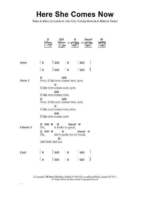 The Velvet Underground Here She Comes Now sheet music notes and chords arranged for Guitar Chords/Lyrics