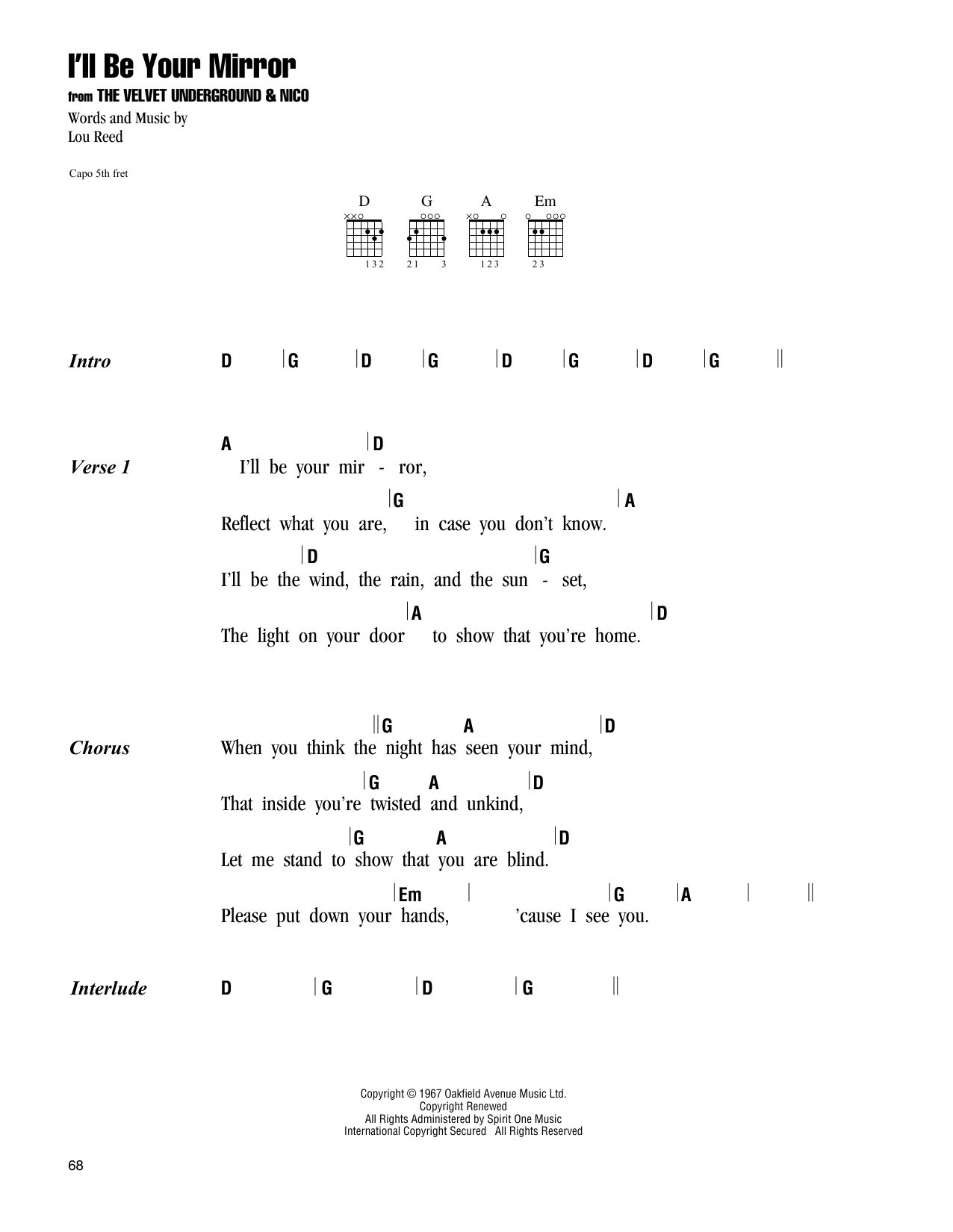 The Velvet Underground I'll Be Your Mirror sheet music notes and chords arranged for Guitar Chords/Lyrics