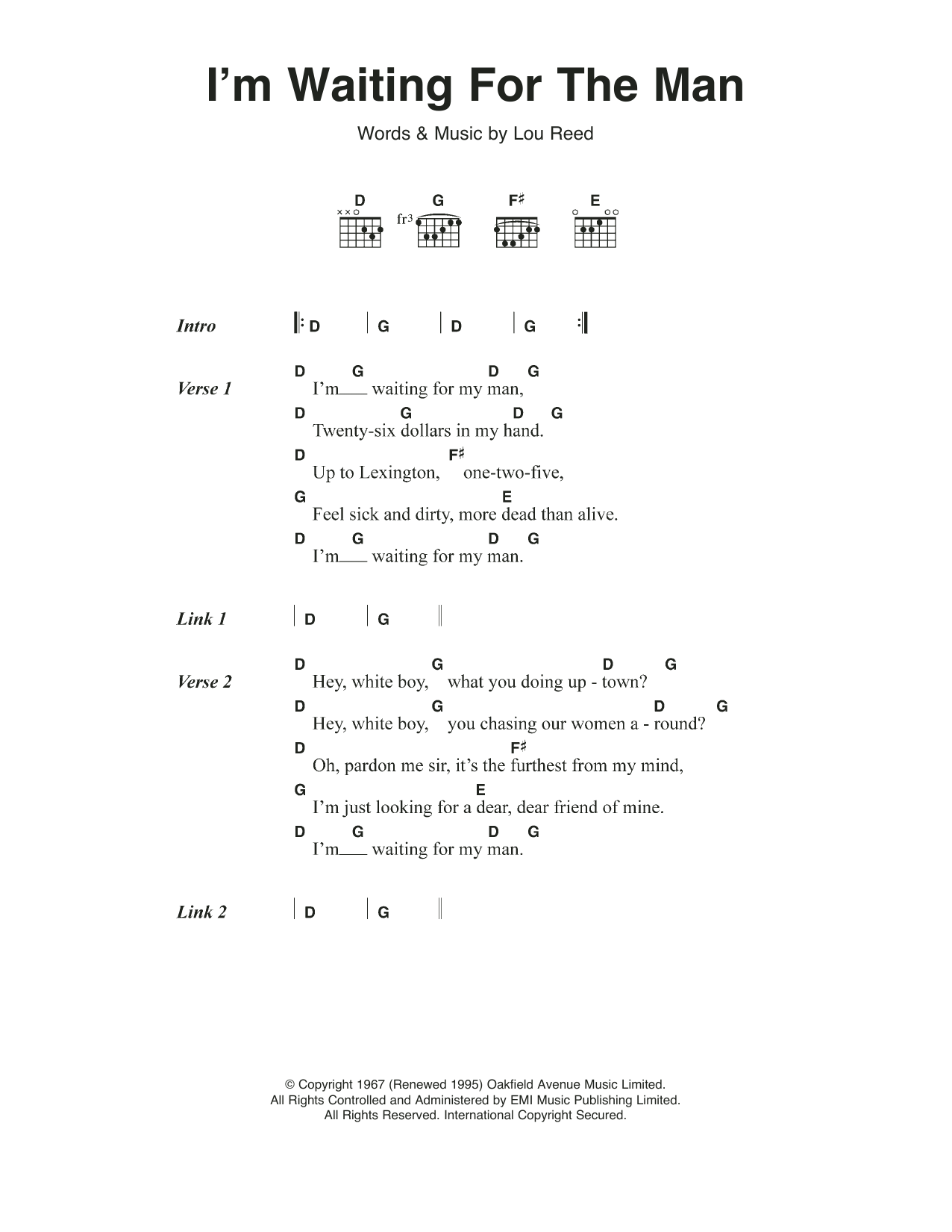 The Velvet Underground I'm Waiting For The Man (Waiting For My Man) sheet music notes and chords arranged for Guitar Chords/Lyrics