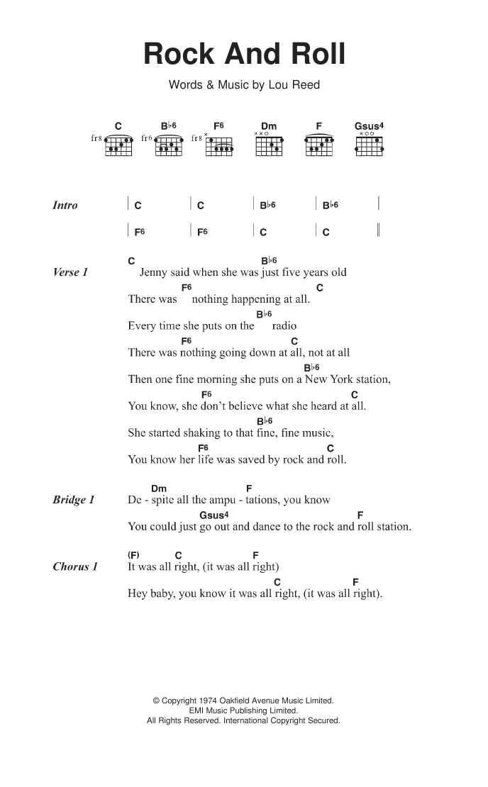 The Velvet Underground Rock And Roll sheet music notes and chords arranged for Guitar Chords/Lyrics