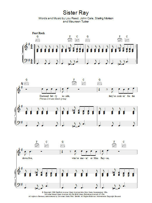 The Velvet Underground Sister Ray sheet music notes and chords arranged for Piano, Vocal & Guitar Chords