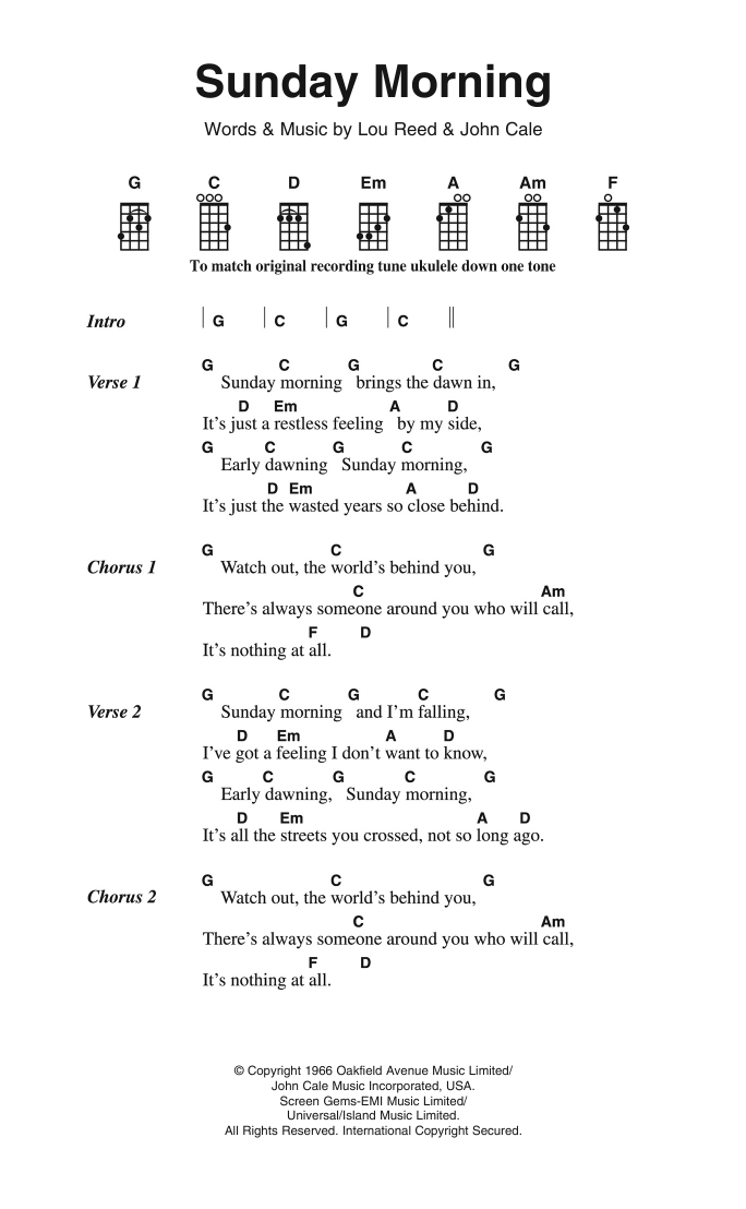The Velvet Underground Sunday Morning sheet music notes and chords arranged for Piano, Vocal & Guitar Chords