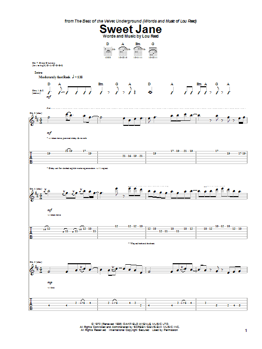 The Velvet Underground Sweet Jane sheet music notes and chords arranged for Piano, Vocal & Guitar Chords (Right-Hand Melody)
