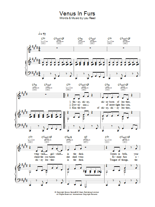 The Velvet Underground Venus In Furs sheet music notes and chords arranged for Piano, Vocal & Guitar Chords