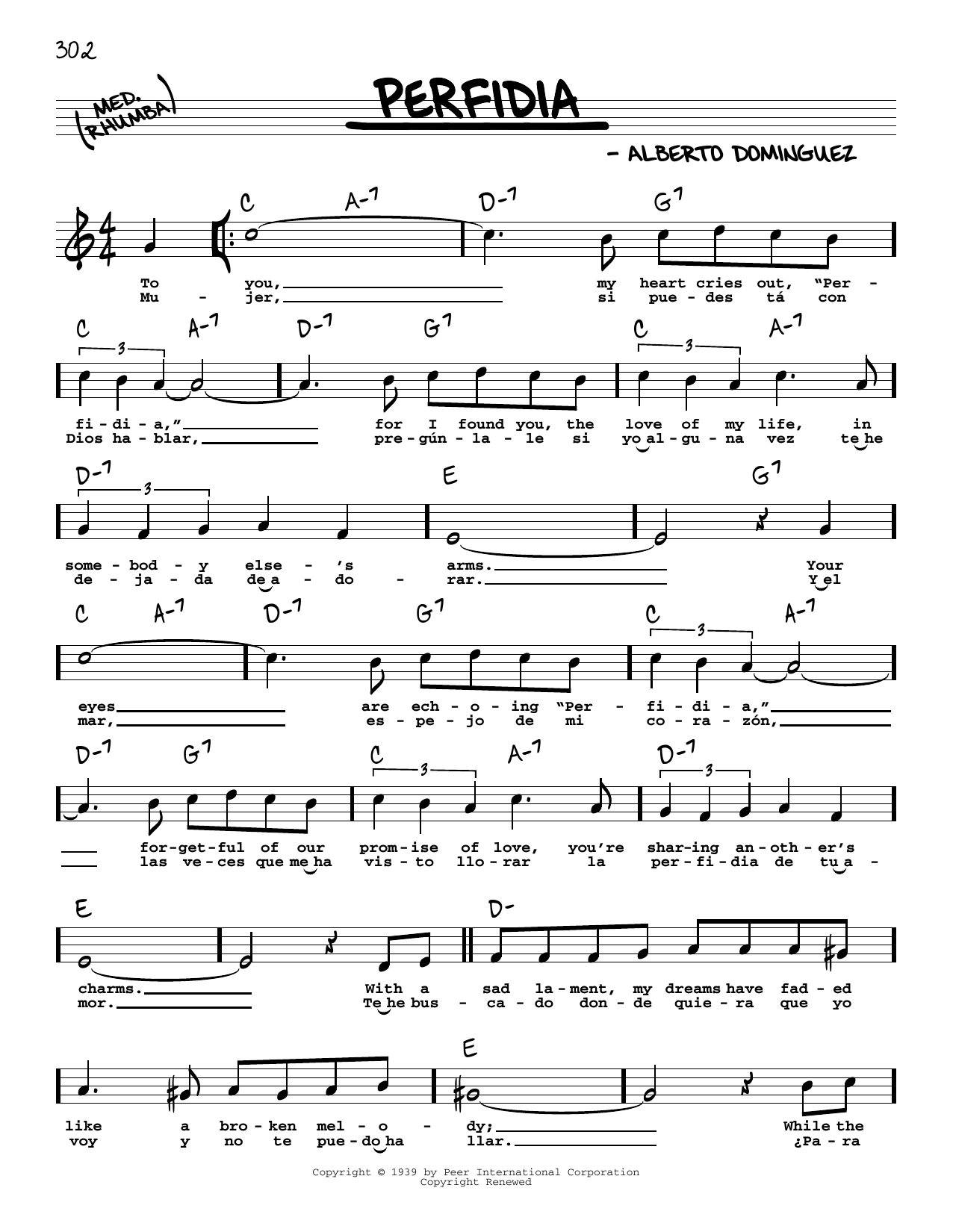 The Ventures Perfidia (High Voice) sheet music notes and chords arranged for Real Book – Melody, Lyrics & Chords