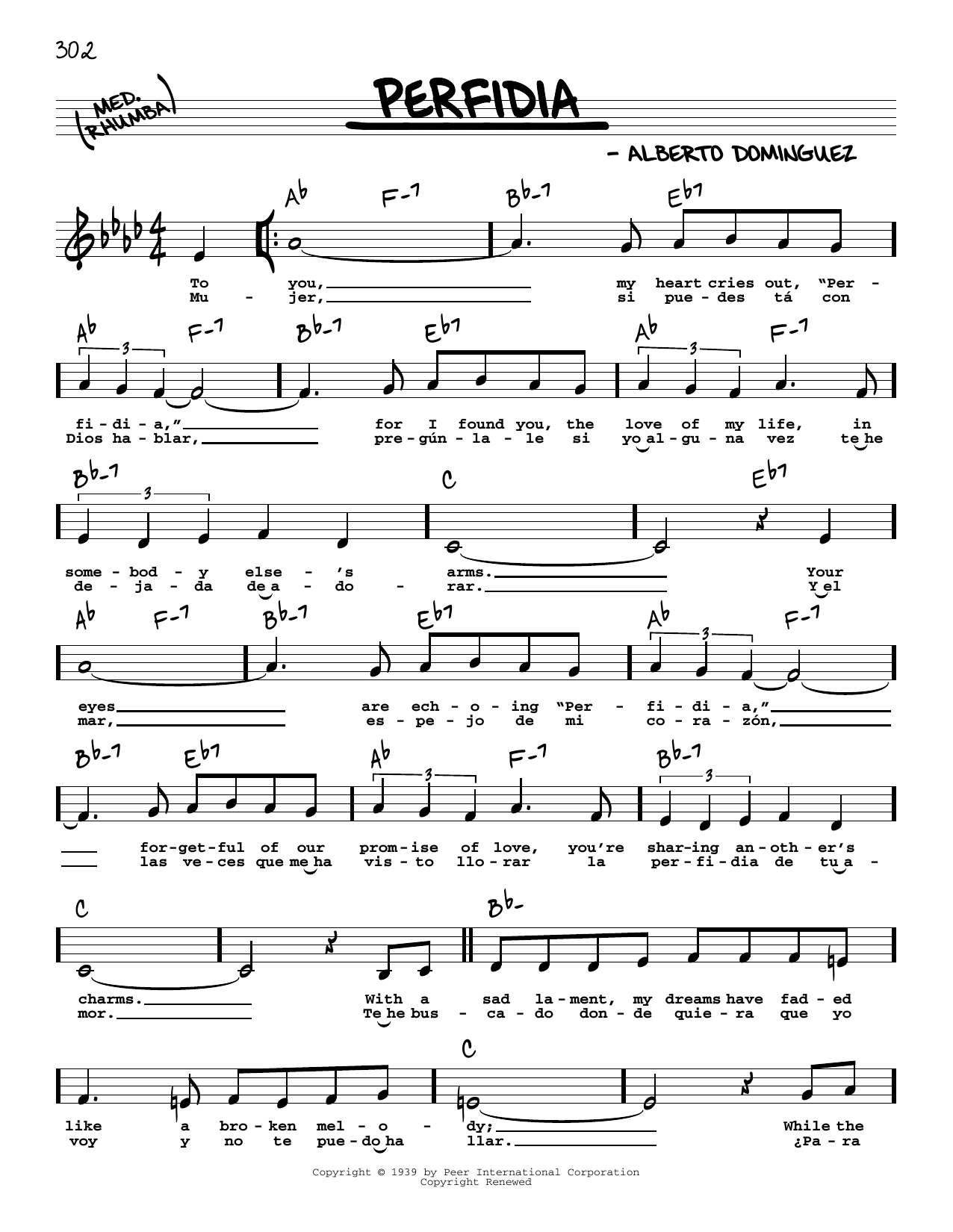 The Ventures Perfidia (Low Voice) sheet music notes and chords arranged for Real Book – Melody, Lyrics & Chords