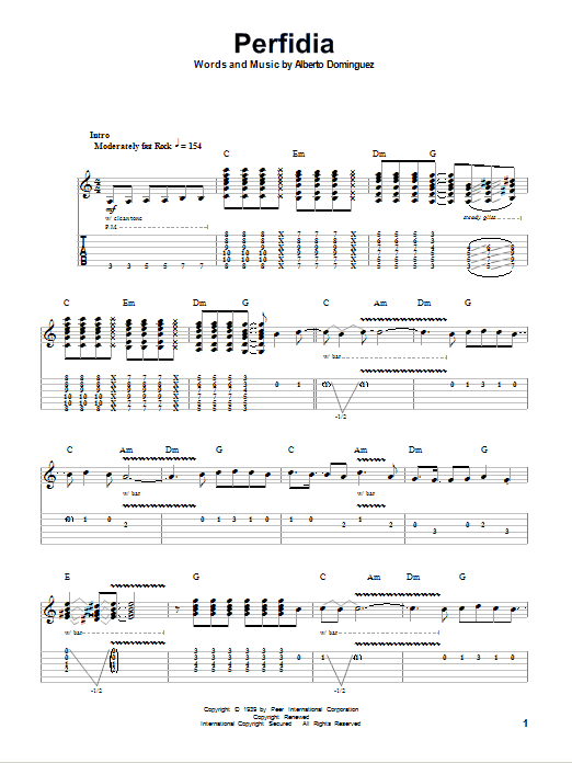 The Ventures Perfidia sheet music notes and chords arranged for Ukulele