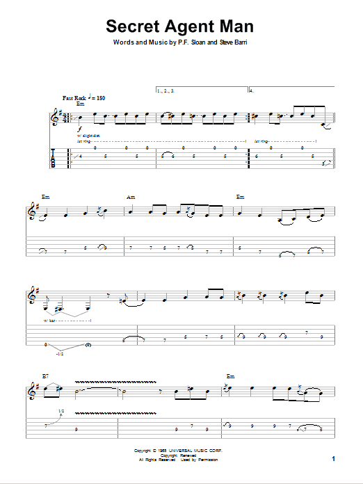 The Ventures Secret Agent Man sheet music notes and chords arranged for Guitar Tab (Single Guitar)