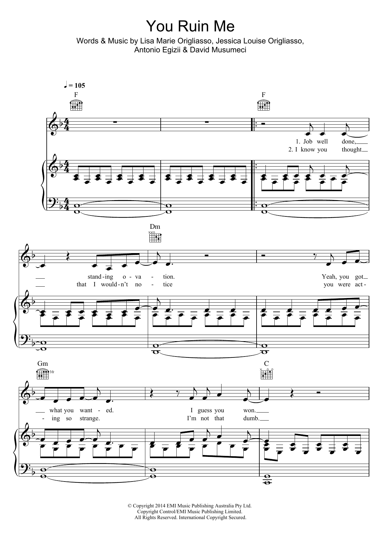 The Veronicas You Ruin Me sheet music notes and chords arranged for Piano, Vocal & Guitar Chords