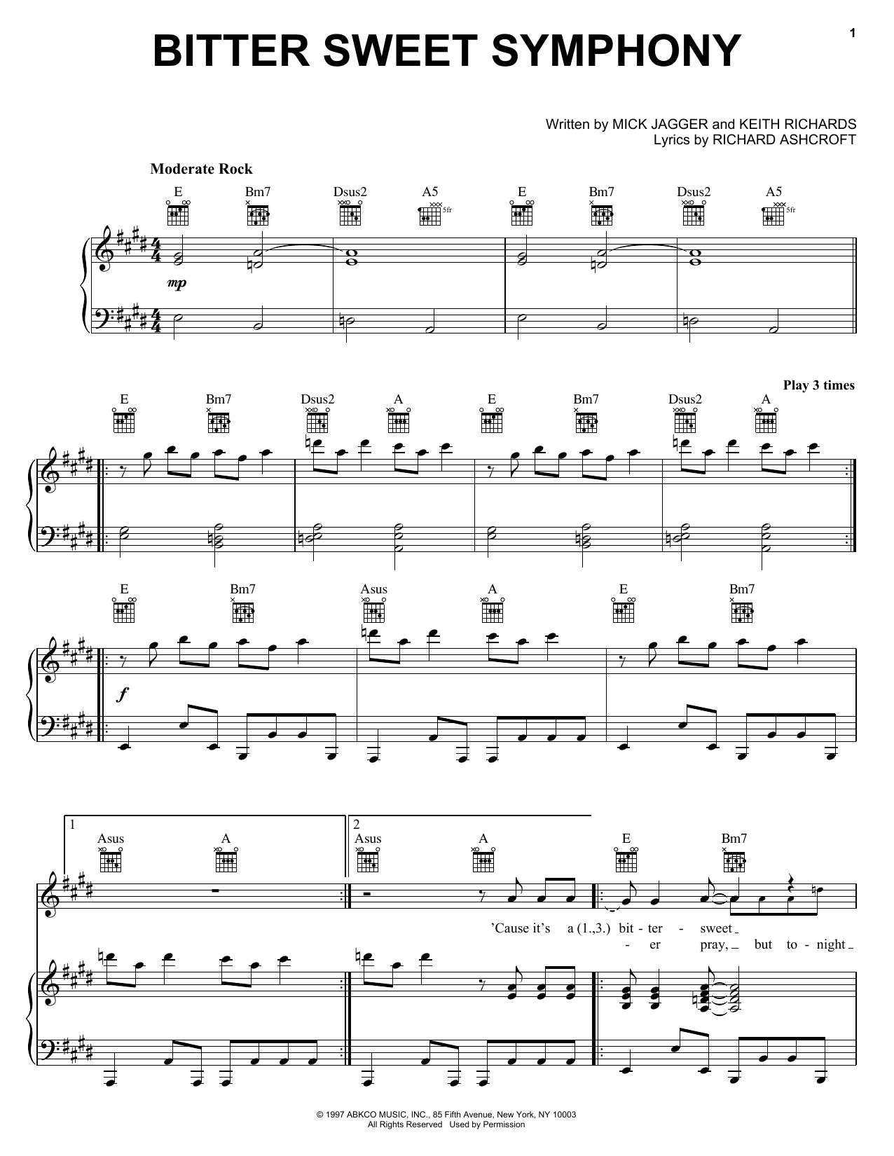 The Verve Bitter Sweet Symphony sheet music notes and chords arranged for Piano, Vocal & Guitar Chords (Right-Hand Melody)