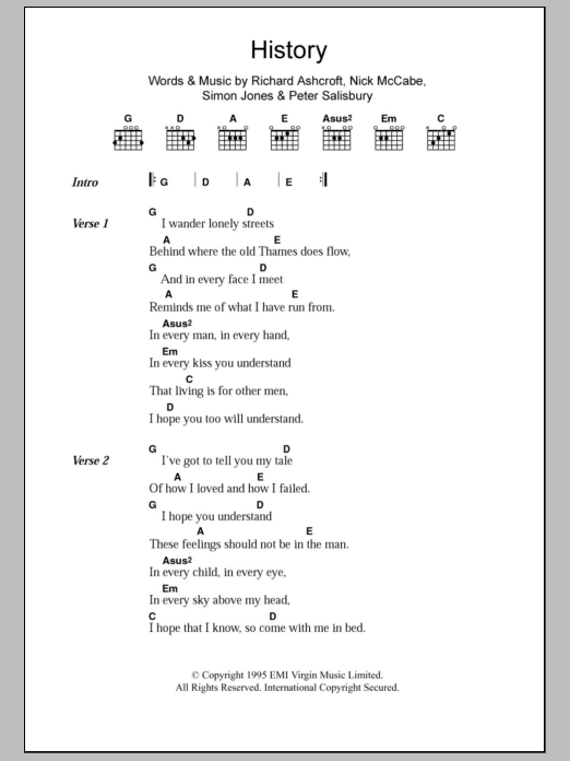 The Verve History sheet music notes and chords arranged for Guitar Chords/Lyrics