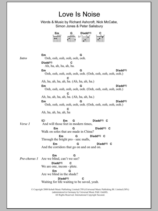 The Verve Love Is Noise sheet music notes and chords arranged for Guitar Chords/Lyrics