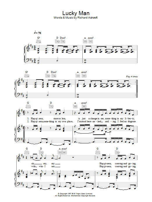 The Verve Lucky Man sheet music notes and chords arranged for Piano, Vocal & Guitar Chords