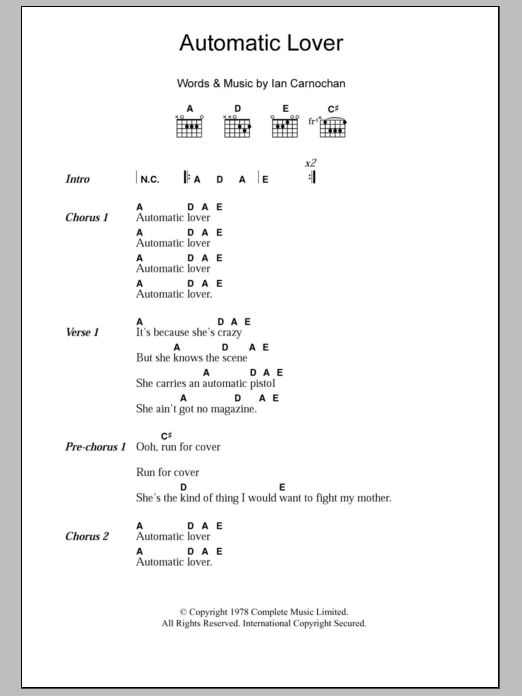The Vibrators Automatic Lover sheet music notes and chords arranged for Guitar Chords/Lyrics