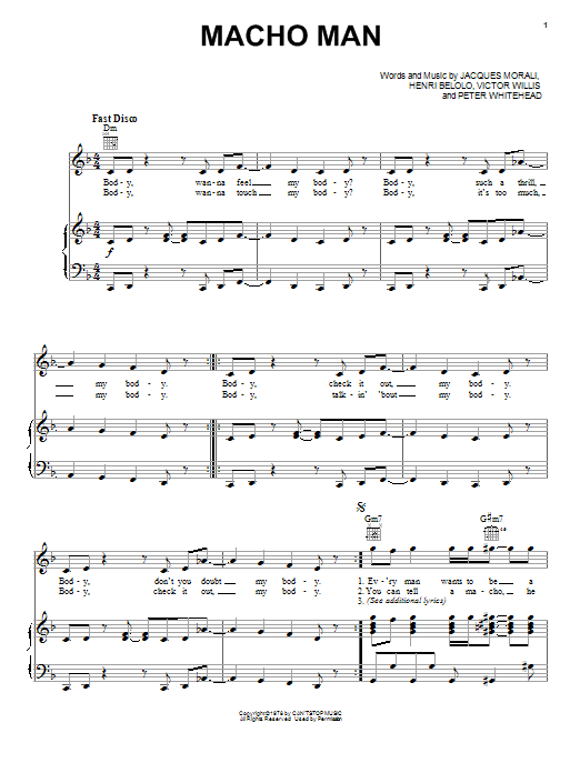 Village People Macho Man sheet music notes and chords arranged for Piano, Vocal & Guitar Chords (Right-Hand Melody)