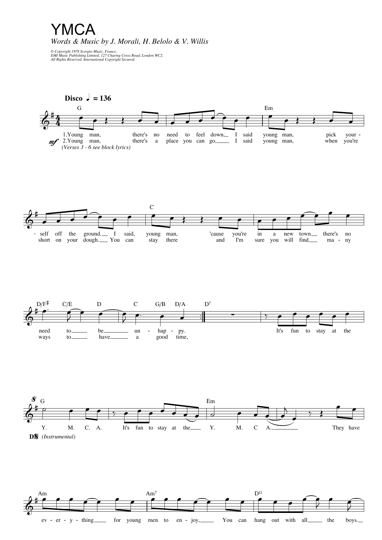 Village People Y.M.C.A. sheet music notes and chords arranged for Easy Lead Sheet / Fake Book