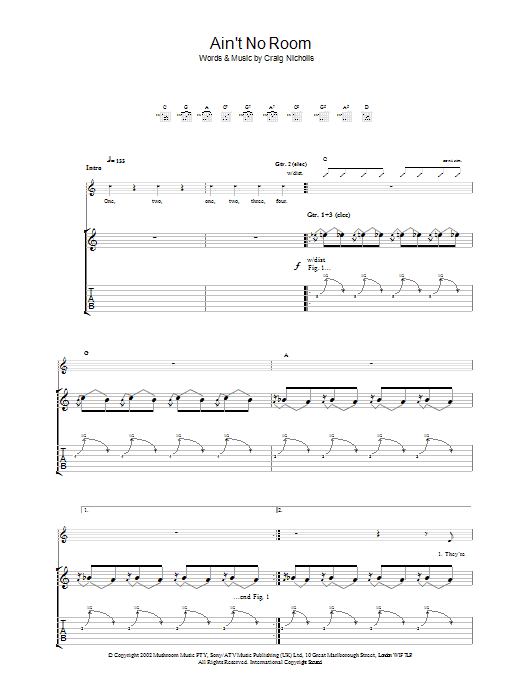 The Vines Ain't No Room sheet music notes and chords arranged for Guitar Tab