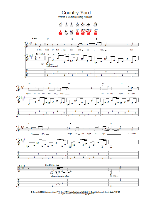 The Vines Country Yard sheet music notes and chords arranged for Guitar Tab