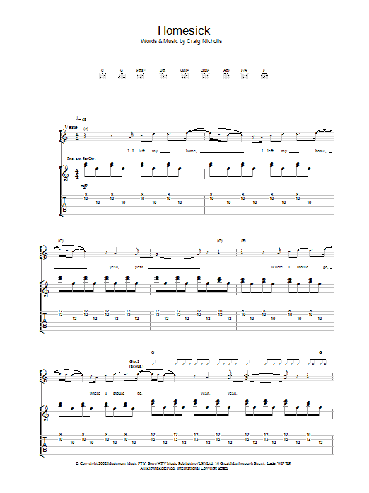 The Vines Homesick sheet music notes and chords arranged for Piano, Vocal & Guitar Chords