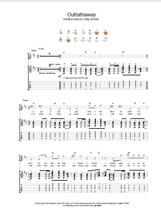 The Vines Outtathaway sheet music notes and chords arranged for Guitar Tab