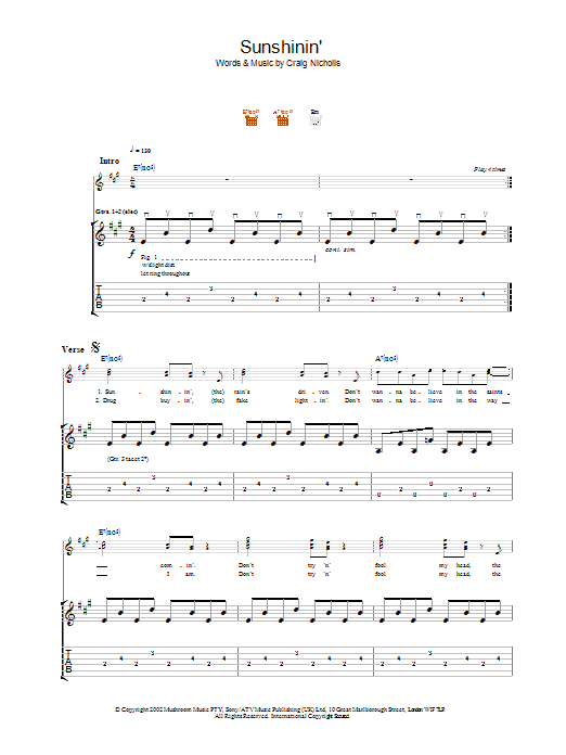 The Vines Sunshinin' sheet music notes and chords arranged for Guitar Tab
