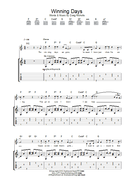 The Vines Winning Days sheet music notes and chords arranged for Guitar Tab