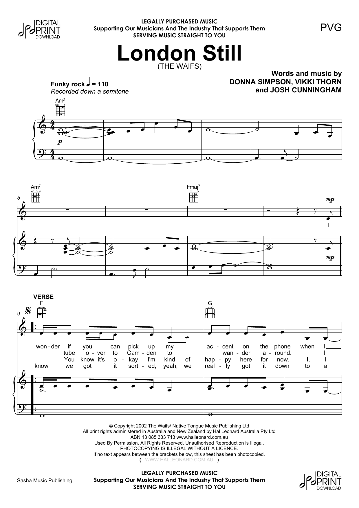The Waifs London Still sheet music notes and chords arranged for Piano, Vocal & Guitar Chords (Right-Hand Melody)