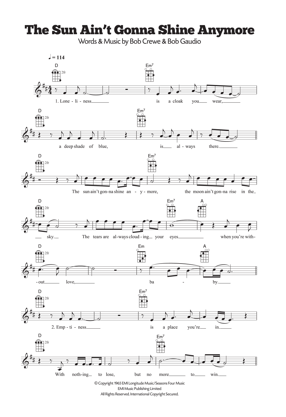 The Walker Brothers The Sun Ain't Gonna Shine Anymore sheet music notes and chords arranged for Ukulele