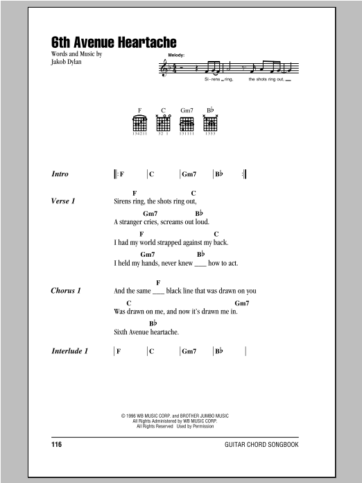 The Wallflowers 6th Avenue Heartache sheet music notes and chords arranged for Piano, Vocal & Guitar Chords (Right-Hand Melody)