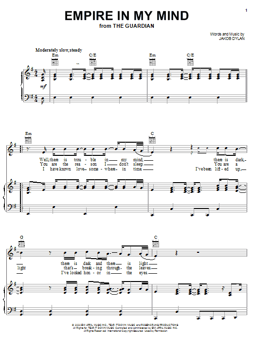 The Wallflowers Empire In My Mind sheet music notes and chords arranged for Piano, Vocal & Guitar Chords (Right-Hand Melody)