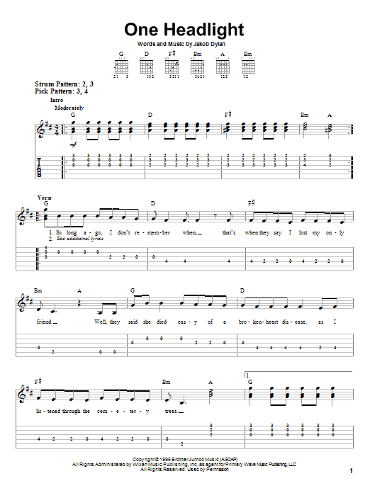 The Wallflowers One Headlight sheet music notes and chords arranged for Easy Guitar Tab
