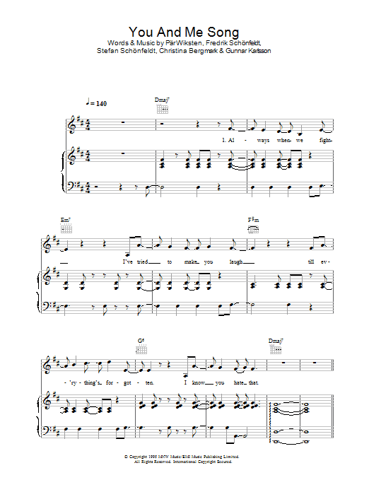 The Wannadies You And Me Song sheet music notes and chords arranged for Piano, Vocal & Guitar Chords