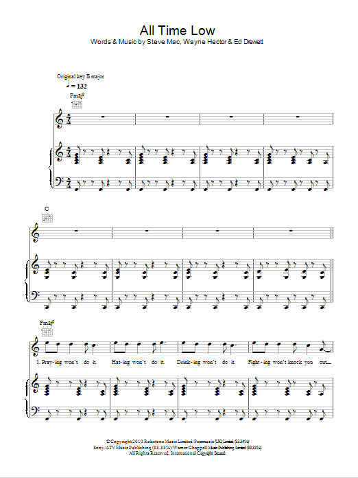 The Wanted All Time Low sheet music notes and chords arranged for Piano, Vocal & Guitar Chords