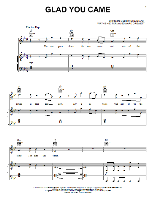 The Wanted Glad You Came sheet music notes and chords arranged for Piano, Vocal & Guitar Chords
