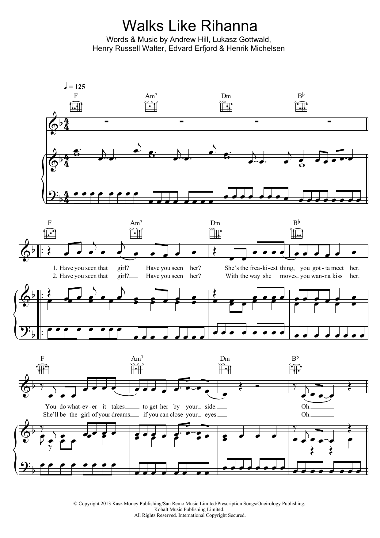 The Wanted Walks Like Rihanna sheet music notes and chords arranged for Easy Piano