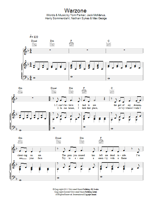 The Wanted Warzone sheet music notes and chords arranged for Piano, Vocal & Guitar Chords