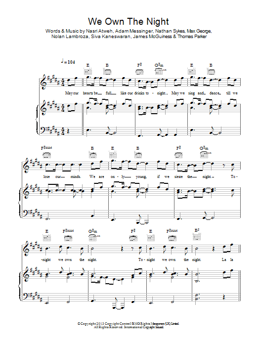 The Wanted We Own The Night sheet music notes and chords arranged for Piano, Vocal & Guitar Chords