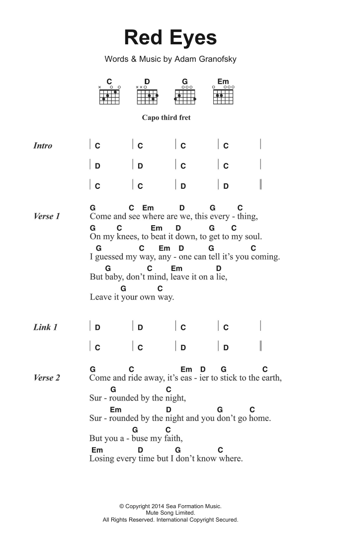 The War On Drugs Red Eyes sheet music notes and chords arranged for Guitar Chords/Lyrics