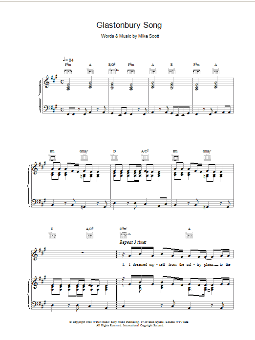 The Waterboys Glastonbury Song sheet music notes and chords arranged for Piano, Vocal & Guitar Chords