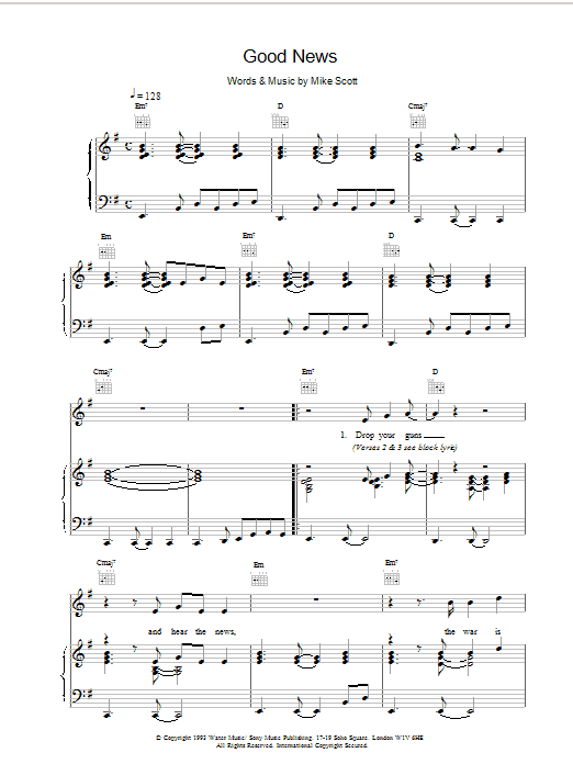 The Waterboys Good News sheet music notes and chords arranged for Piano, Vocal & Guitar Chords